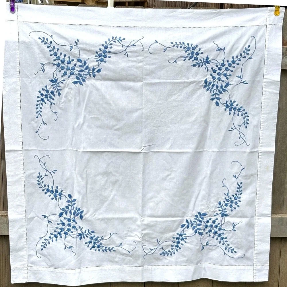 Vintage Hand Embroidered Blue Floral Vine White  Square Tablecloth Hemstitch